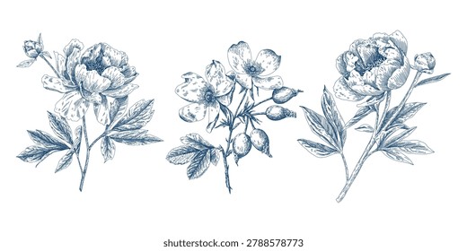 Vintage Blue Floral Seamless Pattern with Hand Drawn Peonies and Botanical Elements
