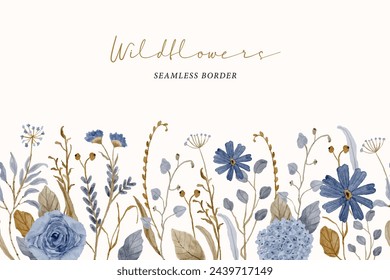 vintage blue floral watercolor seamless border