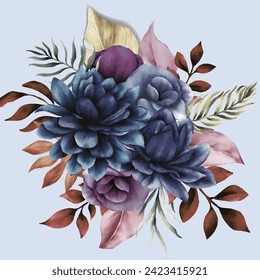 vintage blue flower and leaves bouquet frame arrangement