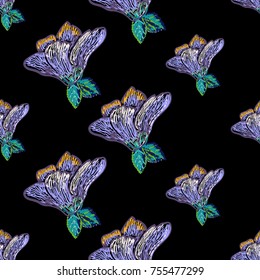 Vintage blue flower seamless pattern. Bright traditional illustration on black background for fabric design in watercolor style.