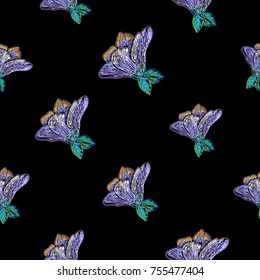 Vintage blue flower seamless pattern. Bright traditional illustration on black background for fabric design in watercolor style.