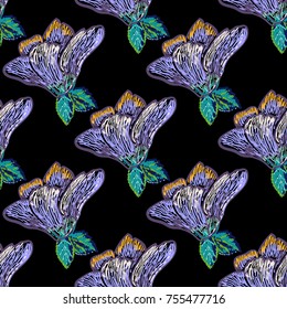 Vintage blue flower seamless pattern. Bright traditional illustration on black background for fabric design in watercolor style.