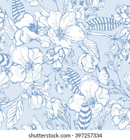 Vintage blue garden spring seamless pattern. Blooming branches of cherry, apple trees, peach, feathers and butterflies, Vector botanical illustration. 