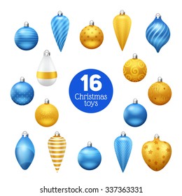 Vintage blue and golden christmas tree balls with ornaments isolated vector illustration
