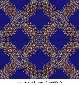 Vintage blue and golden pattern. Oriental vector classic pattern. Abstract seamless pattern with golden repeating elements on blue background.