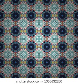 Vintage blue, gray and white backgrounds with geometric and simple floral elements. Retro seamless wallpaper pattern. Vector illustration.