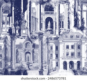 Vintage Blue grunge allover print pattern palace architecture queen room vector with vintage buildings, architectural elements, arc, garden, fabric, textile