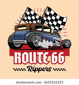 vintage carro de arrasto quente azul com decalques de chama com bandeiras quadriculadas e tipografia em negrito na ilustração cartoon