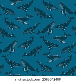 Vintage Blue Humpback Whales on Deep Teal Ocean Pattern. Hand-drawn humpback whales in shades of blue on a deep teal background, vintage marine-inspired pattern, perfect for ocean and nautical themes.