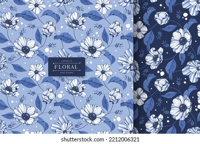 colección vintage de flores de tinta azul