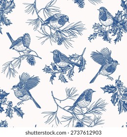 Vintage blue ink seamless pattern with robins, holly, and pine branches. Hand-drawn botanical illustration for Christmas, packaging, textiles, and stationery. 