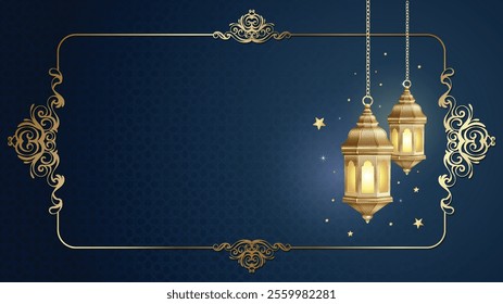 Vintage Blue Islamic Background with Golden Border and Lantern