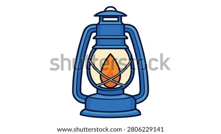 Vintage blue kerosene lantern with glowing orange flame