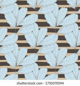 Vintage blue leaf seamless pattern on stripe background. Tree leaves backdrop. Autumn floral wallpaper. Retro vector illustration. For fabric design, textile print, wrapping paper, cover. 