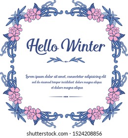Vintage blue leafy flower frame, for design pattern of card hello winter. Vector