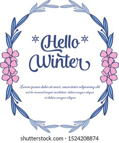 Vintage blue leafy flower frame, for design pattern of card hello winter. Vector