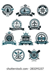 Vintage blue marine badges and icons including ship, helm, anchor, crossed paddles, old lighthouse, compass, bell,ropes, chains, lifebuoy