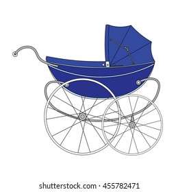 Vintage blue old authentic vintage stroller with big wheels for little newborn baby boy.