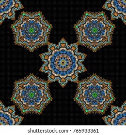Vintage blue and orange seamless pattern, abstract ornament brocade textile pattern, motley stylized elements on black background.