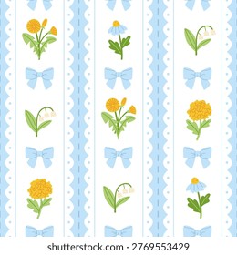 Vintage blue pattern with flower and lace. Seamless vector soft print with plants.