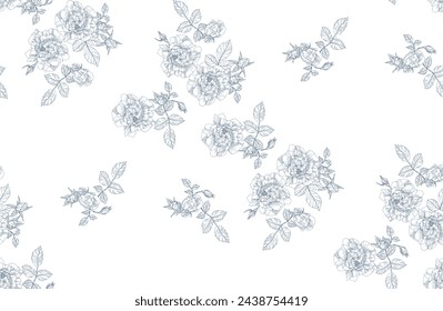 Vintage blue pattern with rose flowers and leaves seamless pattern