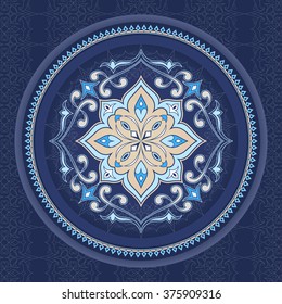Vintage blue pattern in shape of a circle. Mandala.  Colorful vector frame in Victorian style on dark blue background. Baroque ornate element. Colorful ornamental pattern and traditional decor.