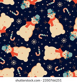 Vintage blue pattern with snowmans. Retro Christmas background