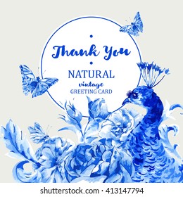 Vintage blue peacock with roses and butterflies in boho style, Thank you natural roses greeting card, boho decoration, nature flower background