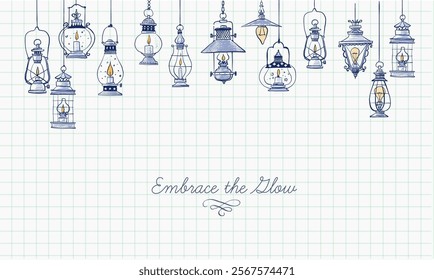 Vintage blue pen doodle lanterns hanging  hand drawn on graph paper background. Vector illustration with place for your text.