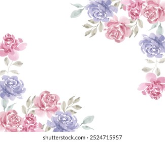 Vintage Blue and Pink Rose Watercolor Border