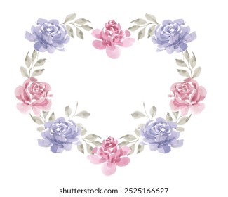 Vintage Blue and Pink Rose Watercolor Wreath
