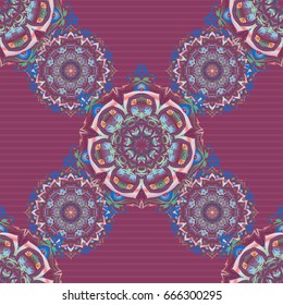 Vintage blue and purple seamless pattern, abstract ornament brocade textile pattern, motley stylized elements for fabric, printing or wrapping paper.