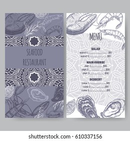 Vintage blue seafood restaurant menu template with hand drawn sketch of lobster, fish steak, shrimp and mussels. 