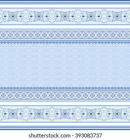 Vintage blue seamless border on light blue background.  Element for design and place your text. Ornamental backdrop. Ornate floral decor for wallpaper. Traditional decor on light blue background.