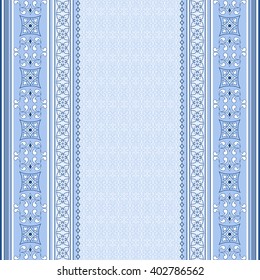 Vintage blue seamless border on light blue. Element for design and place your text. Ornamental backdrop. Pattern fill. Ornate floral decor for wallpaper. Traditional decor on light blue background.