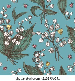 Vintage blue seamless pattern with flowers lily of valley and ladybugs. Color. Engraving style. Vector illustration.