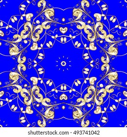 Vintage blue seamless pattern with gradient golden flowers, vector