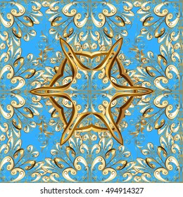 Vintage blue seamless pattern with gradient golden flowers, vector