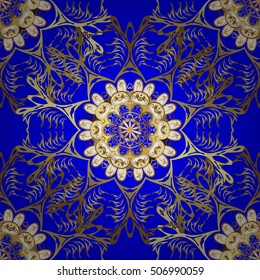 Vintage blue seamless pattern with gradient golden flowers, vector