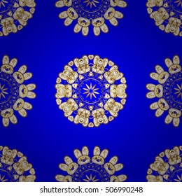 Vintage blue seamless pattern with gradient golden flowers, vector