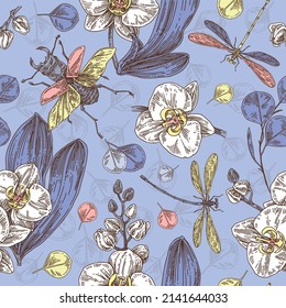 Patrón inmaculado de color azul vintage con orquídeas, hojas eucaliptus, dradonfly y escarabajo estag. Color. Ilustración vectorial.