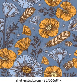 Vintage blue seamless pattern with poppies and feathers. Engraving style. Vector illustration.