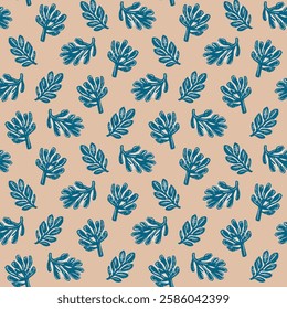 Vintage Blue Seaweed on Beige Coastal Pattern. Hand-drawn blue seaweed illustrations on a beige background create a vintage coastal and marine-inspired pattern, perfect for ocean and nautical themes.