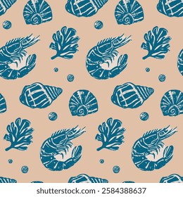 Vintage Blue Shrimp, Shells, and Seaweed on Beige Pattern. Hand-drawn shrimp, seashells, and seaweed in blue on a beige background, vintage coastal, marine-inspired pattern, perfect for ocean themes.