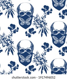 Calavera azul ventilado en bandana con flores sin costura