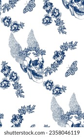 Vintage blue skull with flowers and butterflies seamless pattern