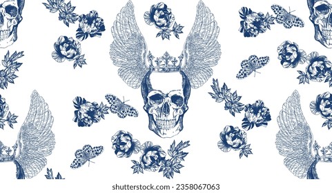  Calavera azul vintage con flores y mariposas sin fisuras