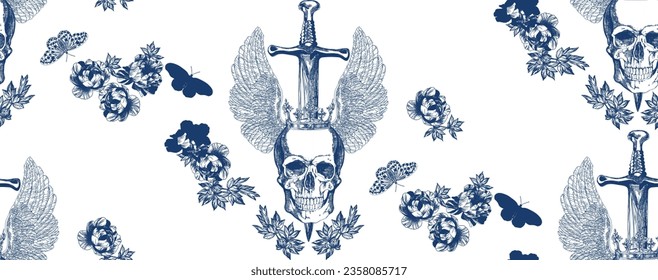  Vintage blue skull with flowers and butterflies seamless pattern