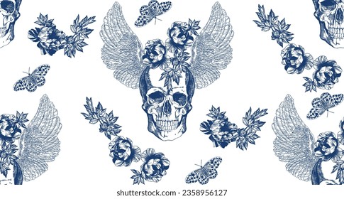 Vintage blue skull with flowers and butterflies seamless pattern	