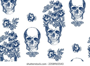 Vintage blue skull with flowers and butterflies seamless pattern